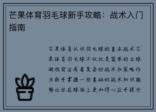 芒果体育羽毛球新手攻略：战术入门指南